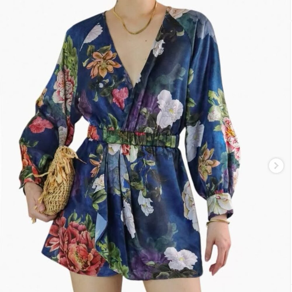 ZARA | Satin Botanical Print Lantern Sleeve Overlap Romper (Size S)